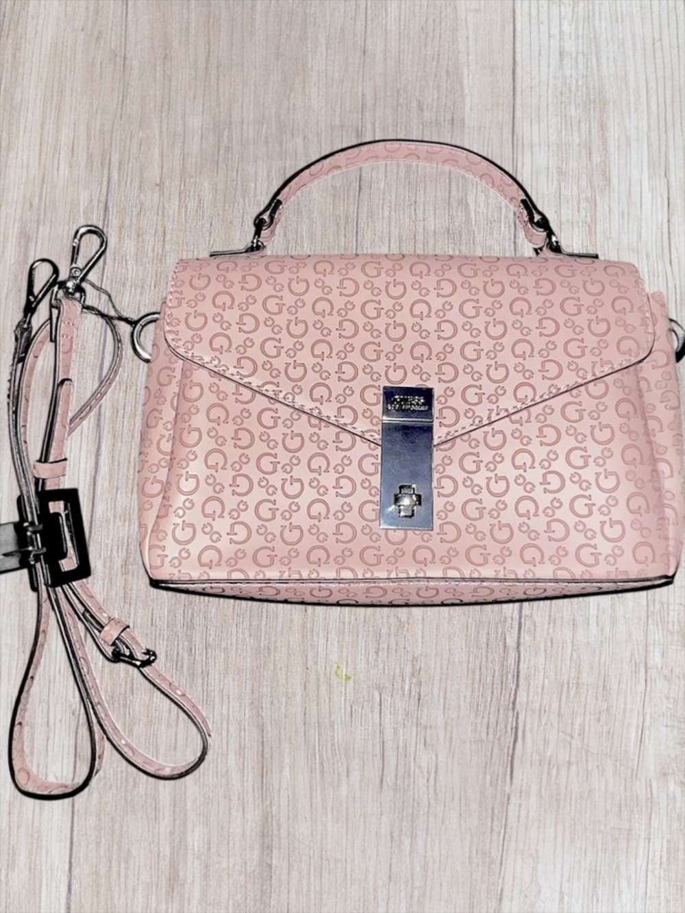 GUESS Bethel Satchel Crossbody Bag Rose Taupe Monogram Top Handle NEW